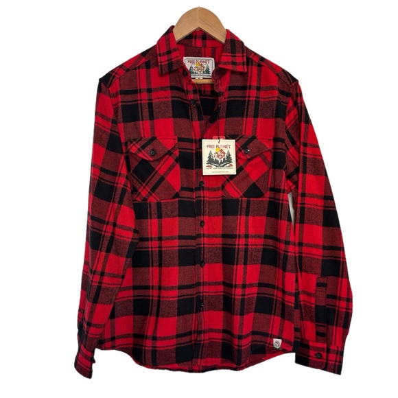 NWT Free Planet black & red plaid cotton flannel button up shirt jacket/ shacket - Picture 1 of 3